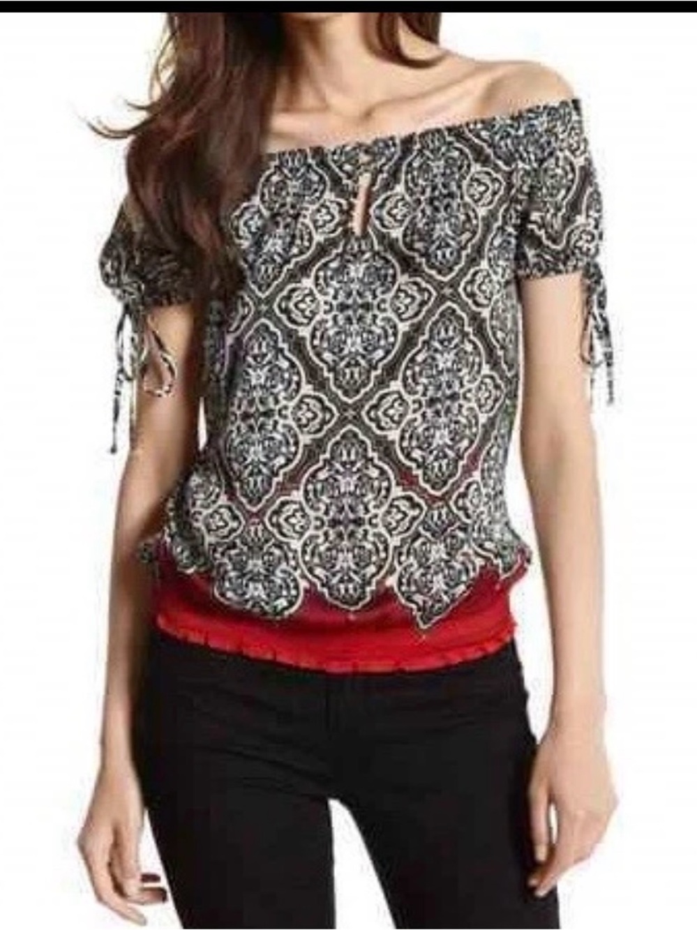 White House Black Market Paisley Off Shoulder Blouse Red Smocked XS #21